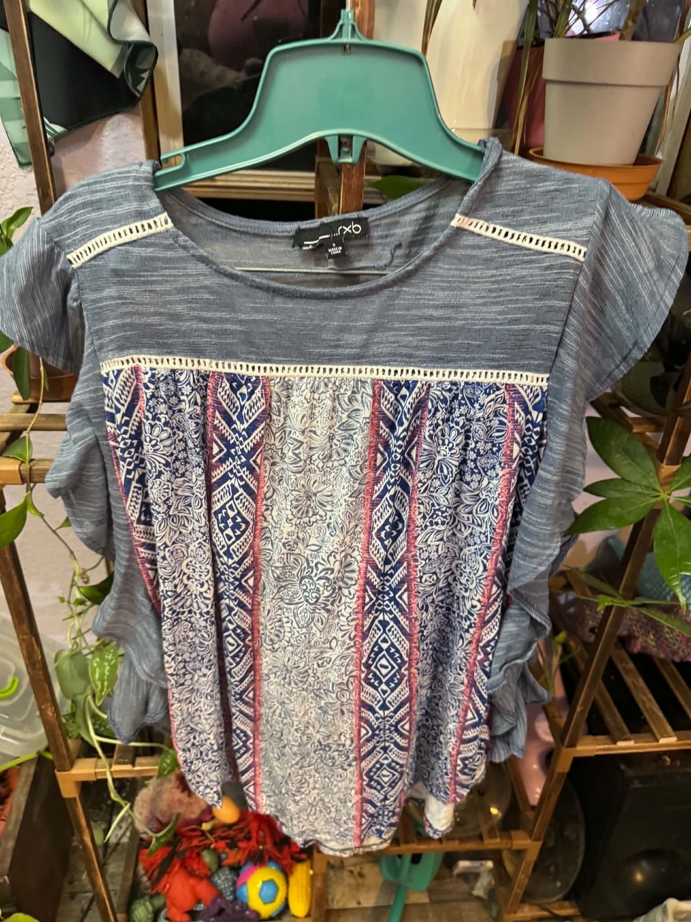 RXB Blue Printed Ruffle-Sleeve Blouse with Pink Accents